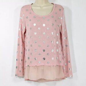 Ransom Women’s Knit Top Tunic Sz M Pink w Silver Dots Chiffon Hem Long Sleeves